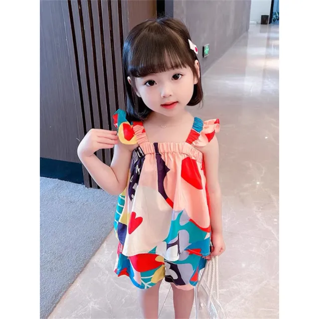 【安朵童舖】現貨韓版兒童多彩花朵吊帶套裝女寶女童背心上衣短褲彩色花朵背心套裝(05)
