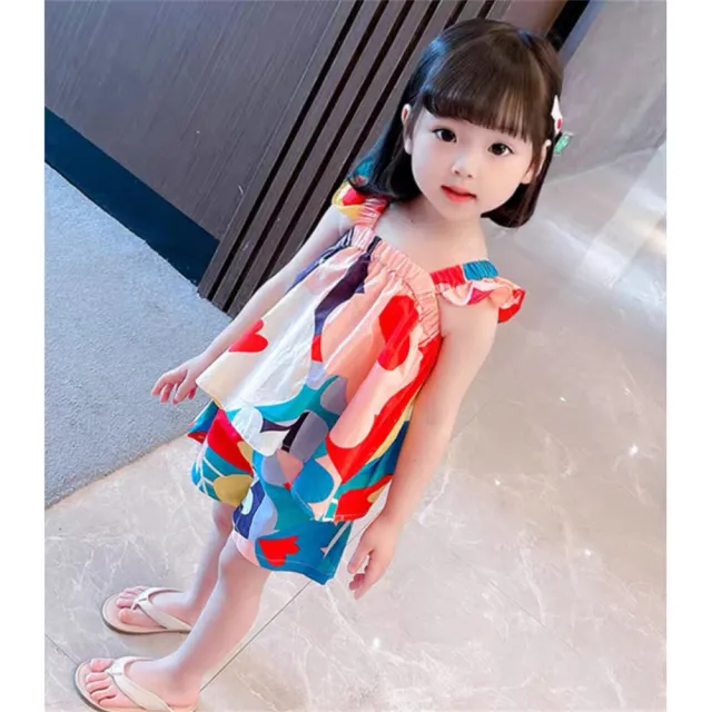 【安朵童舖】現貨韓版兒童多彩花朵吊帶套裝女寶女童背心上衣短褲彩色花朵背心套裝(05)