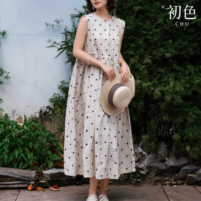 【初色】棉麻文藝風圓領滿版波點印花腰部抽繩無袖連衣裙連身洋裝長裙-共2色-50346(M-2XL可選)