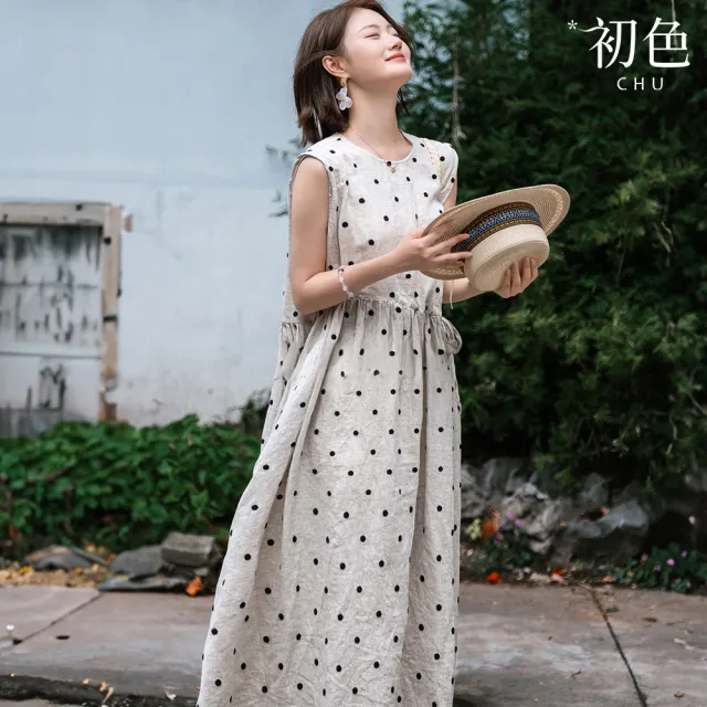 【初色】棉麻文藝風圓領滿版波點印花腰部抽繩無袖連衣裙連身洋裝長裙-共2色-50346(M-2XL可選)(其他規格)