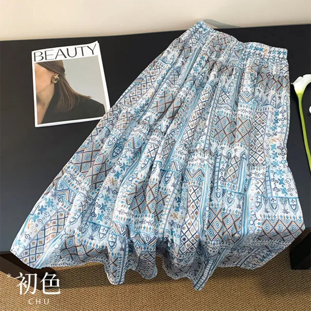 【初色】文藝復古垂墜感寬鬆遮肉鬆緊高腰拼接A字中長裙長裙-花色-50341(M-2XL可選)