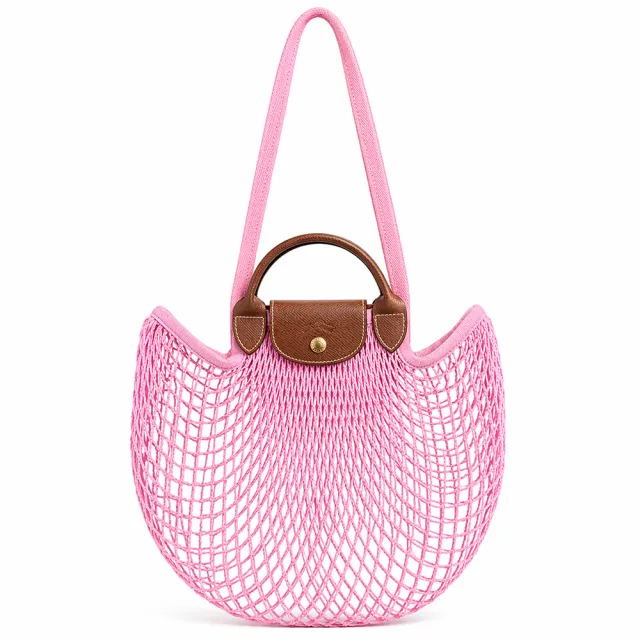 【LONGCHAMP】LE PLIAGE FILET系列網狀棉質手提/肩背兩用包(大/莓粉)