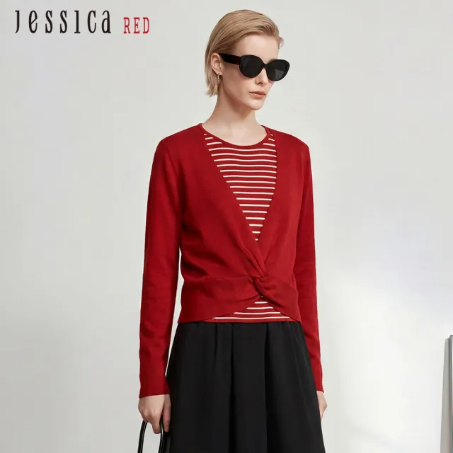 【Jessica Red】氣質百搭假兩件套長袖針織衫R62501(紅)