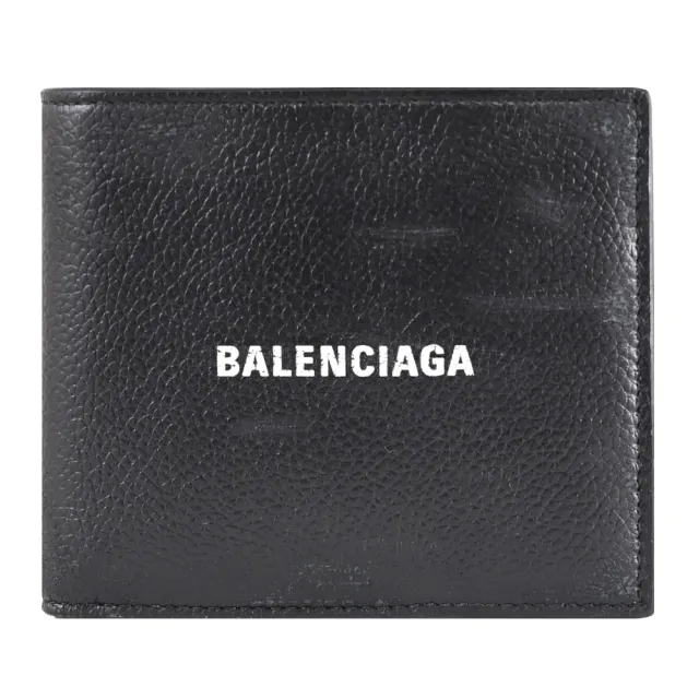 【Balenciaga 巴黎世家】簡約LOGO烙印天然刷舊牛皮雙層零錢短夾(黑)