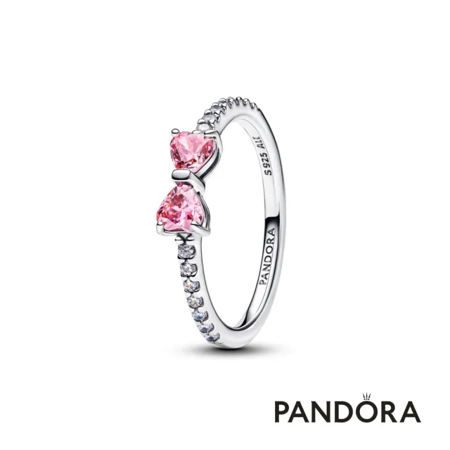【Pandora 潘多拉】璀璨粉色蝴蝶結戒指