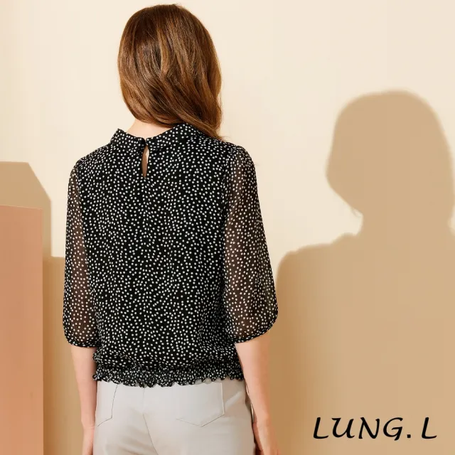 【LUNG.L 林佳樺】LU34A 黑色前片壓褶拼接波點雪紡七分袖上衣