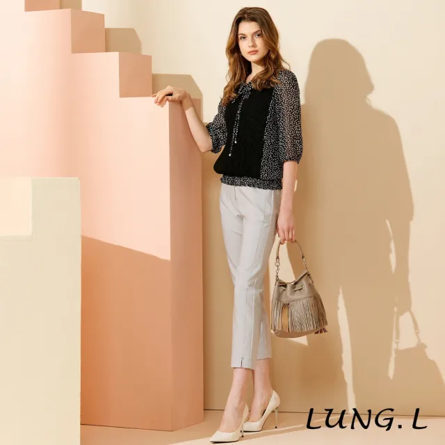 【LUNG.L 林佳樺】LU34A 黑色前片壓褶拼接波點雪紡七分袖上衣