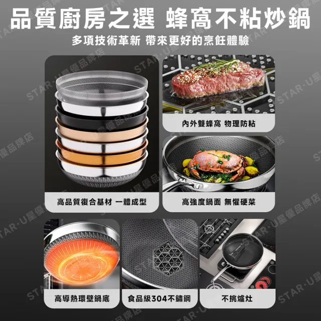 星晏 炒鍋 32cm炒鍋+鍋蓋 316不鏽鋼蜂窩紋炒鍋 不沾鍋 雙面蜂巢設計高效聚能 耐刮/耐熱/強磁