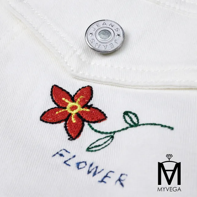 【MYVEGA 麥雪爾】MA棉質花卉刺繡顯瘦白七分袖丹寧外套-白