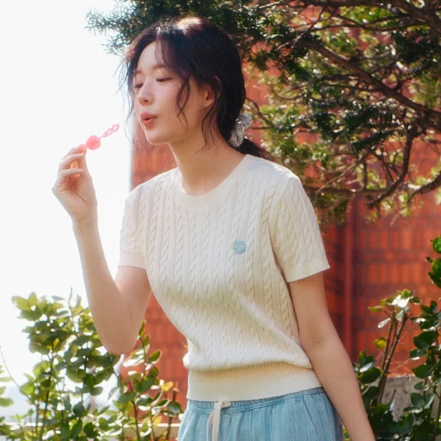 【COVERNAT】官方旗艦館 女款Clover Heart麻花短袖針織上衣(WMS針織毛衣 YOON JI同款 紅/海軍藍/象牙白色)