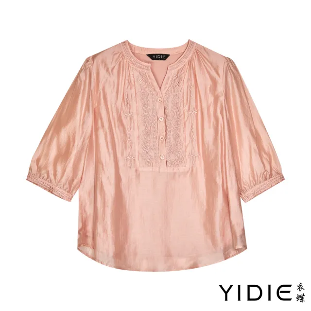 【YIDIE】天絲刺繡七分袖上衣-粉