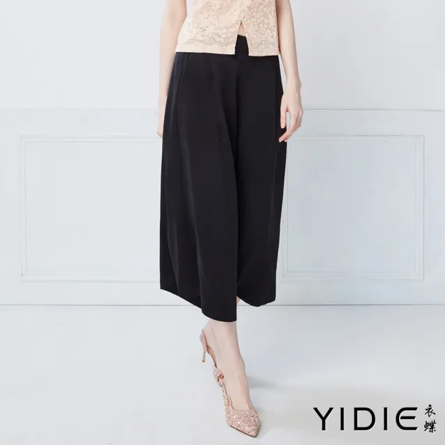 【YIDIE】古典後鬆緊腰中式鈕結長寬褲-黑