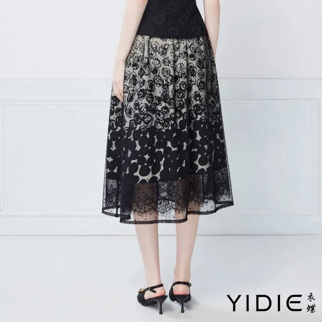 【YIDIE】浪漫玫瑰花蕾絲透紗長裙-黑