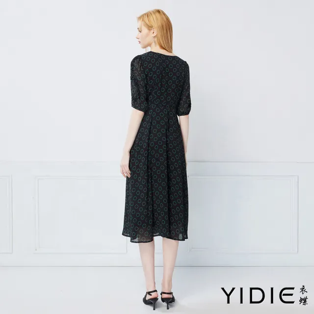 【YIDIE】壓褶抽繩印花雪紡長洋裝-黑