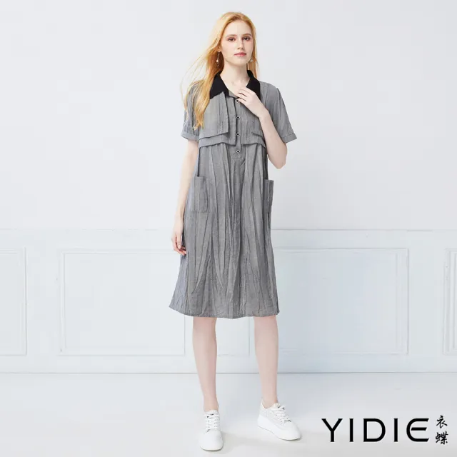 【YIDIE】都會簡約亞麻天絲混紡壓紋襯衫式連身洋裝-灰