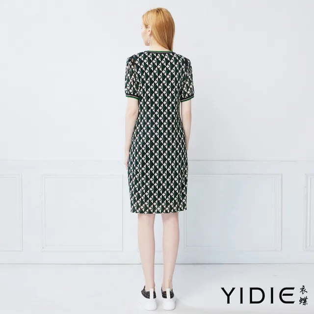【YIDIE】摩登英倫菱格幾何印花織帶圓領洋裝-黑