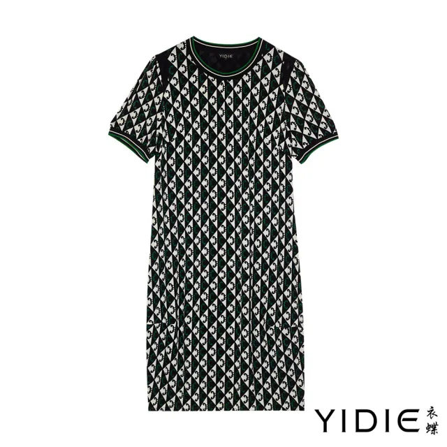 【YIDIE】摩登英倫菱格幾何印花織帶圓領洋裝-黑