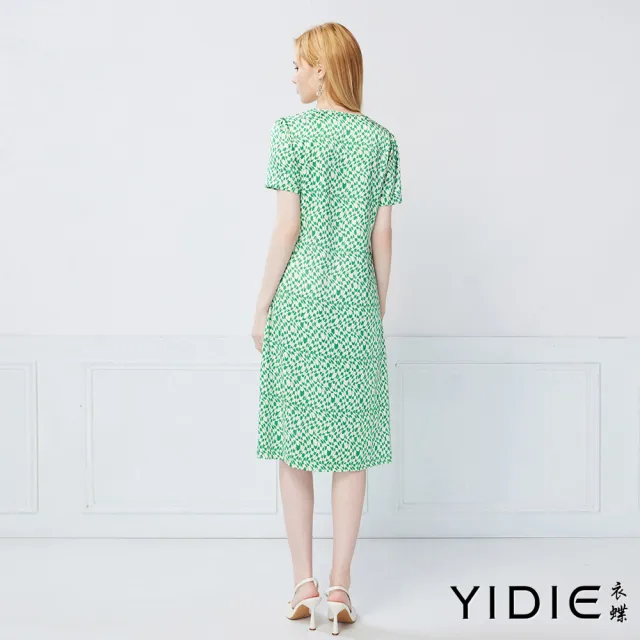 【YIDIE】法式風情綠白交織抽象圖騰圓領長洋裝-淺綠