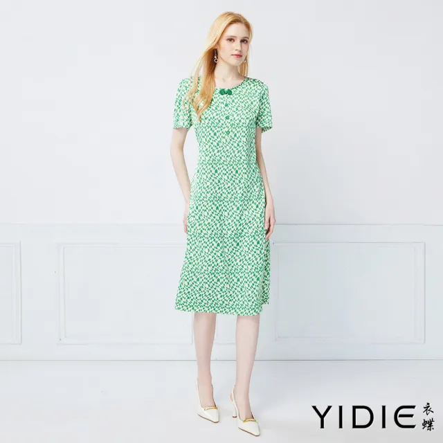 【YIDIE】法式風情綠白交織抽象圖騰圓領長洋裝-淺綠