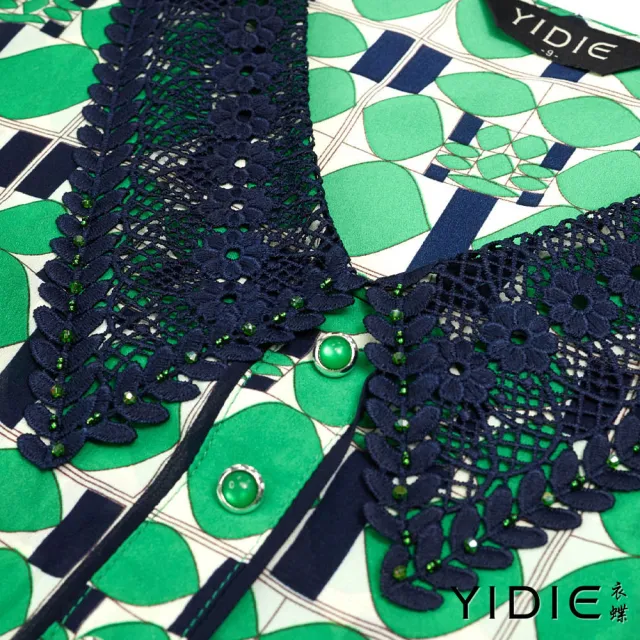 【YIDIE】復古摩登幾何拼接蕾絲大翻領洋裝-綠