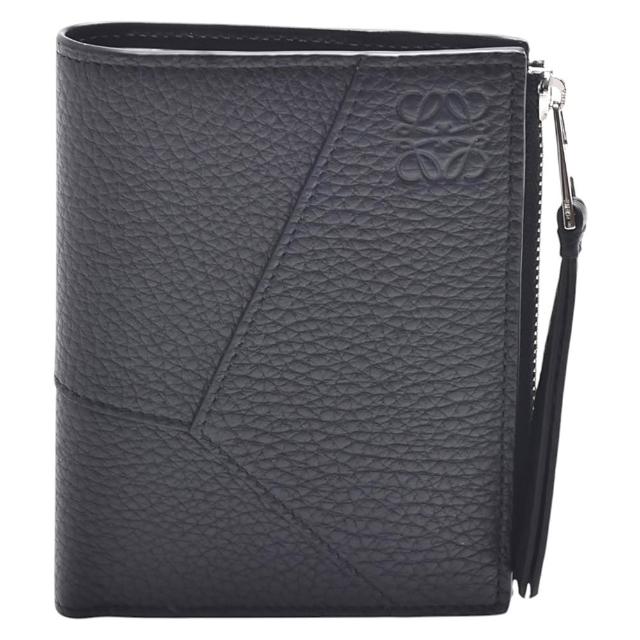 【LOEWE 羅威】經典PUZZLE系列粒紋牛皮幾何拼接拉鍊對折短夾(黑色)