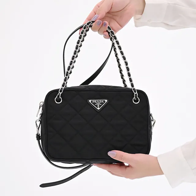 【PRADA 普拉達】復刻版經典三角LOGO菱格紋尼龍手提方包兩用包鍊包(黑)
