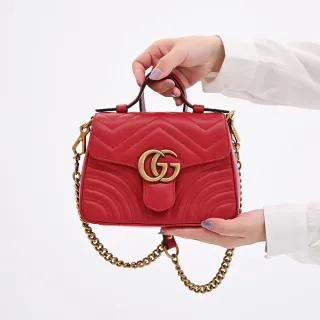 【GUCCI 古馳】GG Marmont 經典金屬雙G LOGO山字絎縫紋手提兩用包(紅)