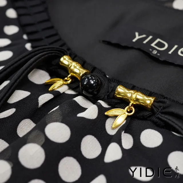 【YIDIE】復古點點拼接雪紡長洋裝-黑