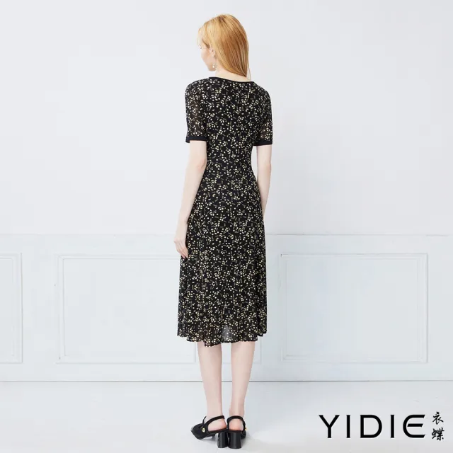 【YIDIE】優雅律動碎花繫帶V領剪接長洋裝-黑