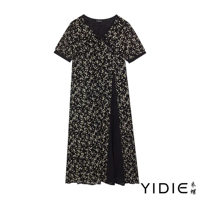 【YIDIE】優雅律動碎花繫帶V領剪接長洋裝-黑