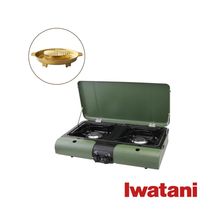 【Iwatani 岩谷】日本戶外防風磁式瓦斯爐-雙口爐-軍綠色-3.3kw-日本製+金豪華滿滿不沾燒烤盤