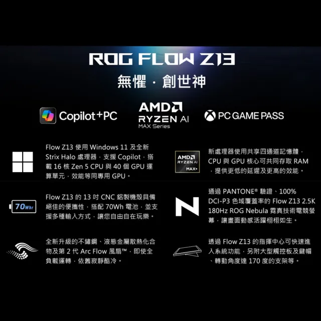 【ASUS 華碩】13.4吋Copilot+PC AI觸控電競筆電(ROG Flow GZ302EA/AI MAX+ 395/32G/1TB/8060S/W11)