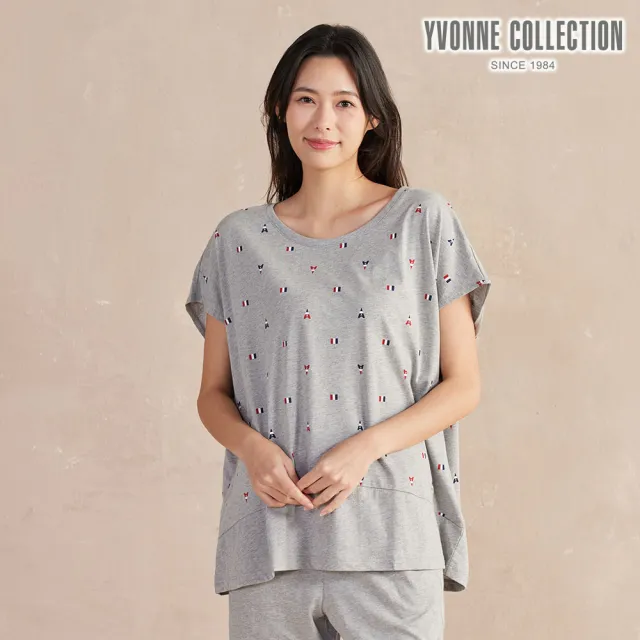 【YVONNE 以旺傢飾】巴黎印花拼接連袖上衣-迷霧灰