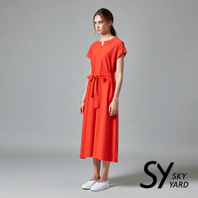 【SKY YARD】網路限定款-夏日悠閒風V領開襟綁帶短袖洋裝-紅色