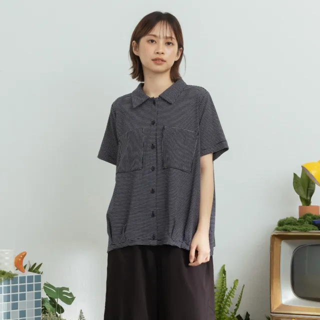 【MOSS CLUB】襯衫領開襟條紋上衣 藍 粉(魅力商品)