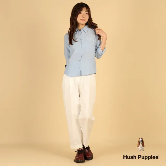 【Hush Puppies】女裝 襯衫 簡約HP棉麻休閒長袖襯衫 (淺藍 / 63212104)