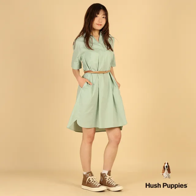 【Hush Puppies】女裝 洋裝 素色半開襟刺繡小狗洋裝 (淺綠 / 63215102)