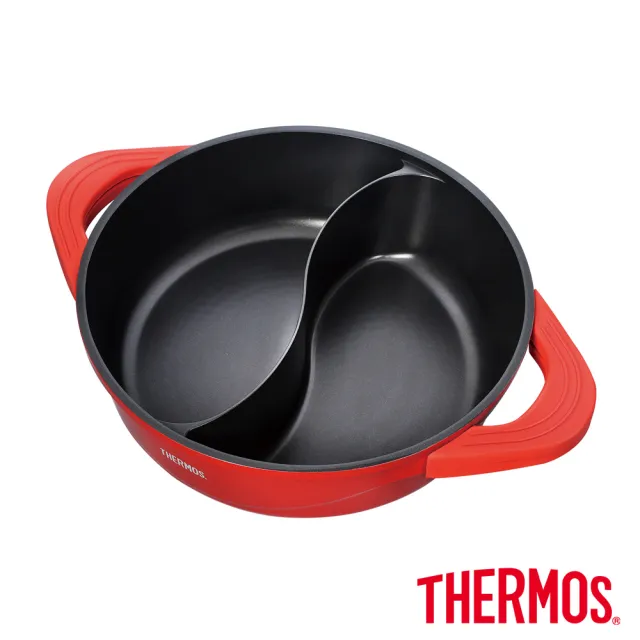 【THERMOS 膳魔師】巧易不沾鍋雙耳附蓋壓鑄鴛鴦火鍋二用鍋28cm(TFP-P28)