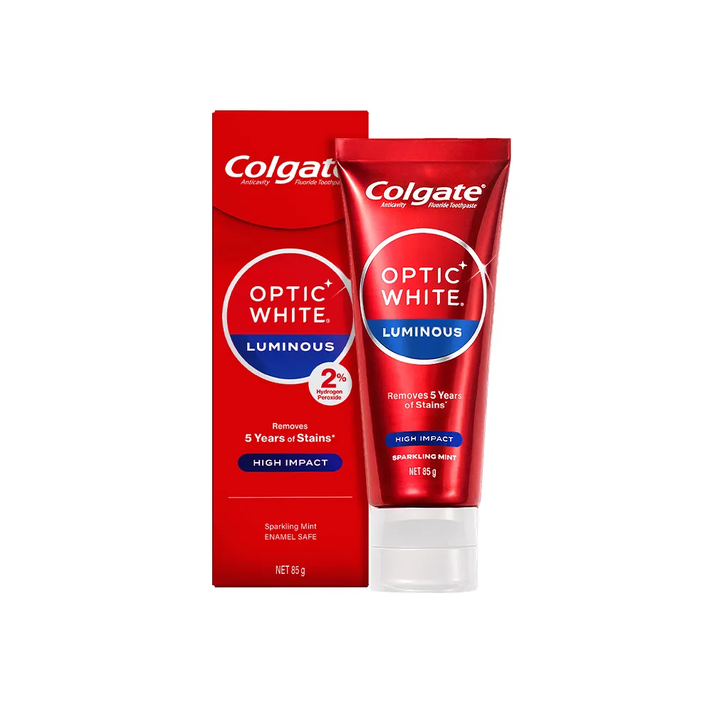 即期品【Colgate 高露潔】OPTIC WHITE光感．白 2% Luminous高效煥白牙膏85g(牙齒美白/去除5年牙漬)