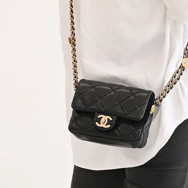 【CHANEL 香奈兒】Mini 方胖經典雙C菱格紋金幣鏈帶小牛皮三用翻蓋鍊包(黑 17CM)
