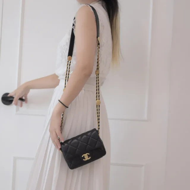 【CHANEL 香奈兒】Mini 方胖經典雙C菱格紋金幣鏈帶小牛皮三用翻蓋鍊包(黑 17CM)
