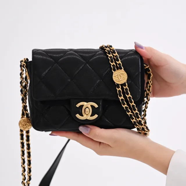 【CHANEL 香奈兒】Mini 方胖經典雙C菱格紋金幣鏈帶小牛皮三用翻蓋鍊包(黑 17CM)