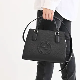 【GUCCI 古馳】SOHO 經典大雙G小牛皮手提兩用包仕女包(黑)