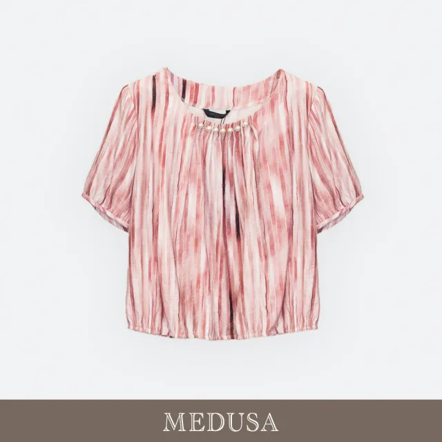 【MEDUSA 曼度莎】現貨-MIT 粉彩珍珠領口泡泡袖麻感上衣（M-2L）｜高級嫘縈 甜美穿搭 夏日涼感穿搭