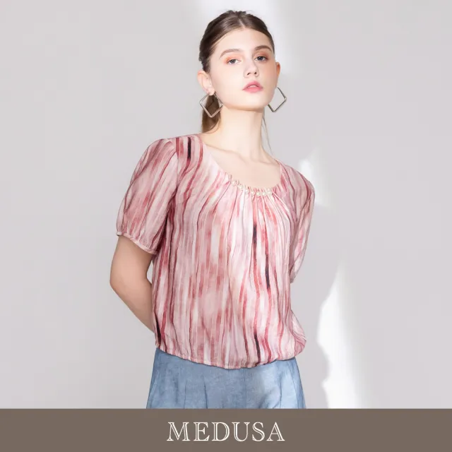 【MEDUSA 曼度莎】現貨-MIT 粉彩珍珠領口泡泡袖麻感上衣(M-2L)|高級嫘縈 甜美穿搭 夏日涼感穿搭