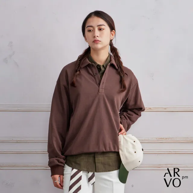 【ARVOpm】男女同款 ARVOpm深棕色寬版長袖polo衫-725213184012(限時6折)