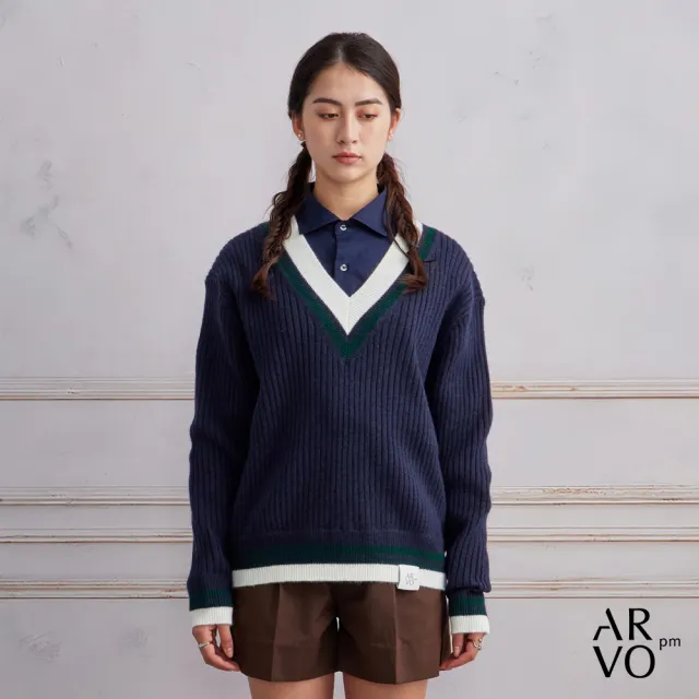 【ARVOpm】男女同款 藏青V領羊毛混紡網球毛衣-725213173022(限時6折)