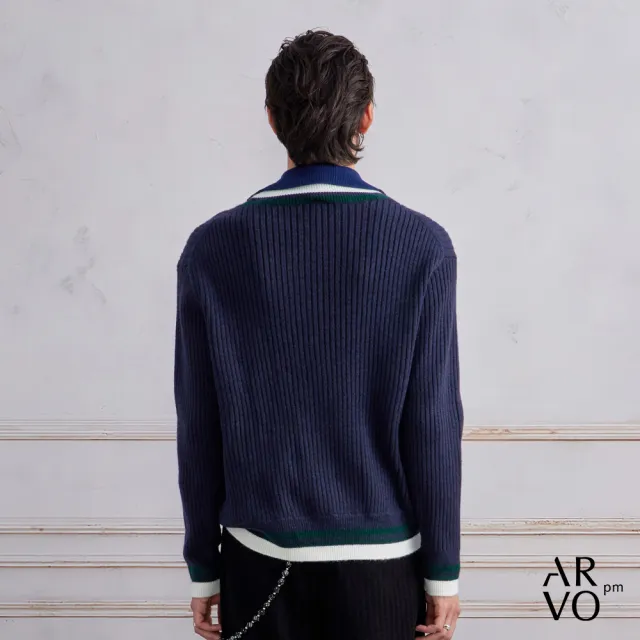 【ARVOpm】男女同款 藏青V領羊毛混紡網球毛衣-725213173022(雙11限定)