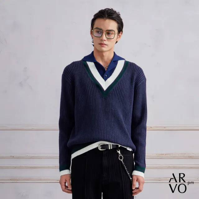 【ARVOpm】男女同款 藏青V領羊毛混紡網球毛衣-725213173022(雙11限定)