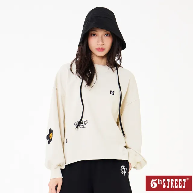 【5th STREET】女裝 長袖 寬版上衣 大學t 米白(560986)